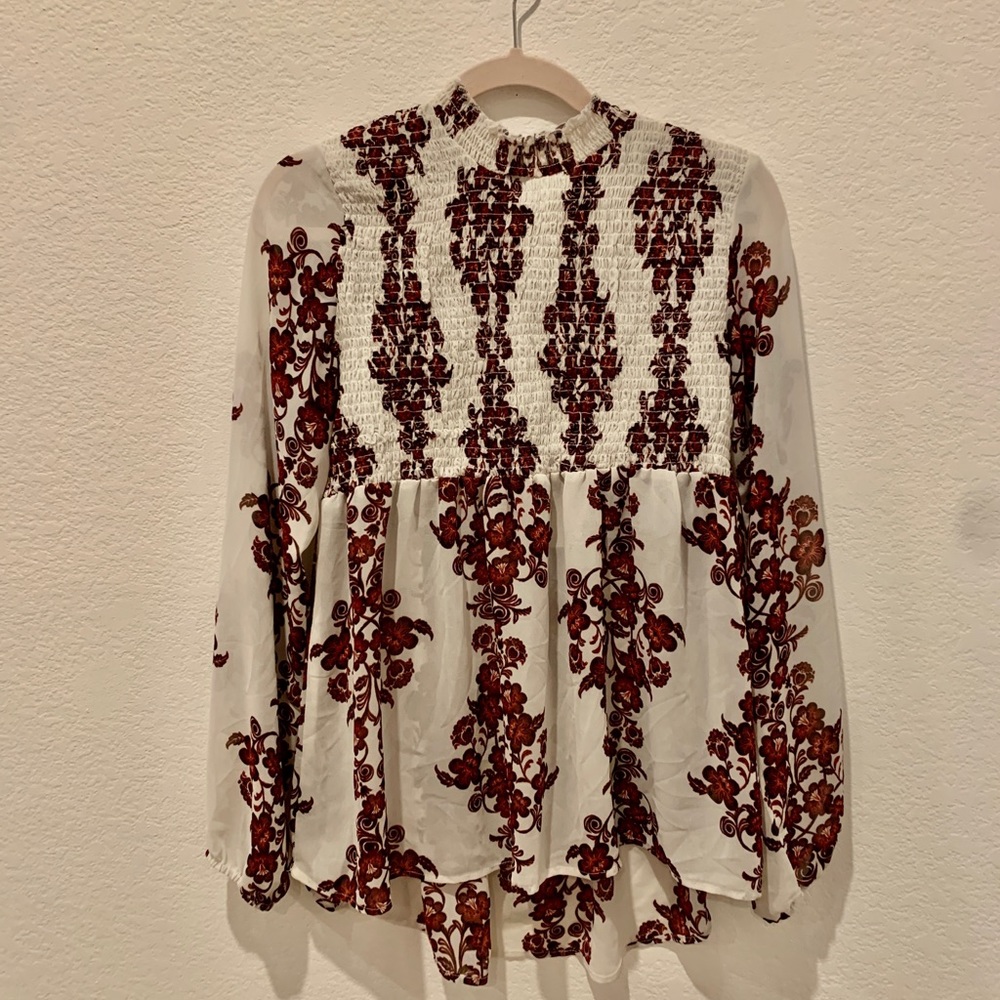 Flowery high neck, flowy blouse. Red, black and white.
